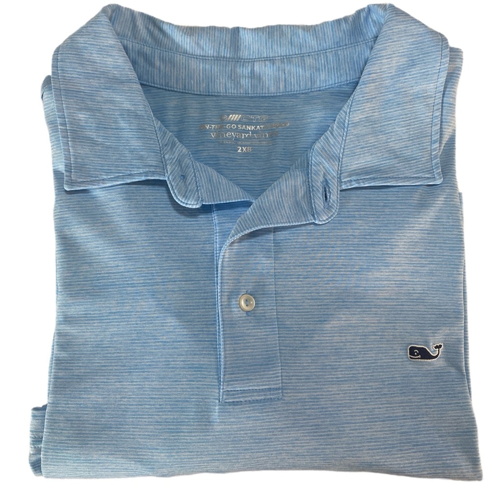 Vineyard Vines On The Go Sankaty‎ Polo 2XL light blue Striped Performance FLAW